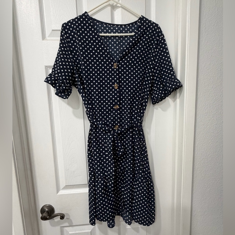 Navy Polka Dot Button-Up Dress